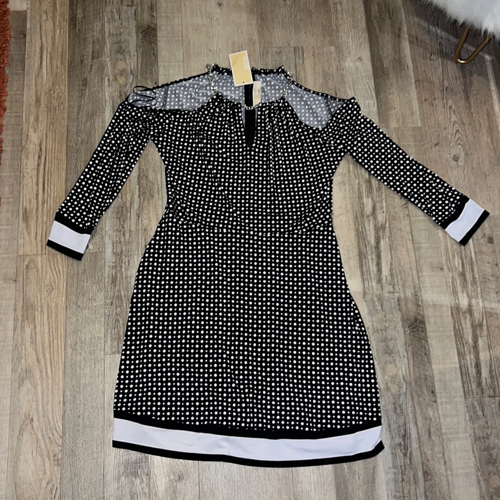 NWT Michael Kors Black and White Polkadot Cutout Dress with Silver Chain Detail